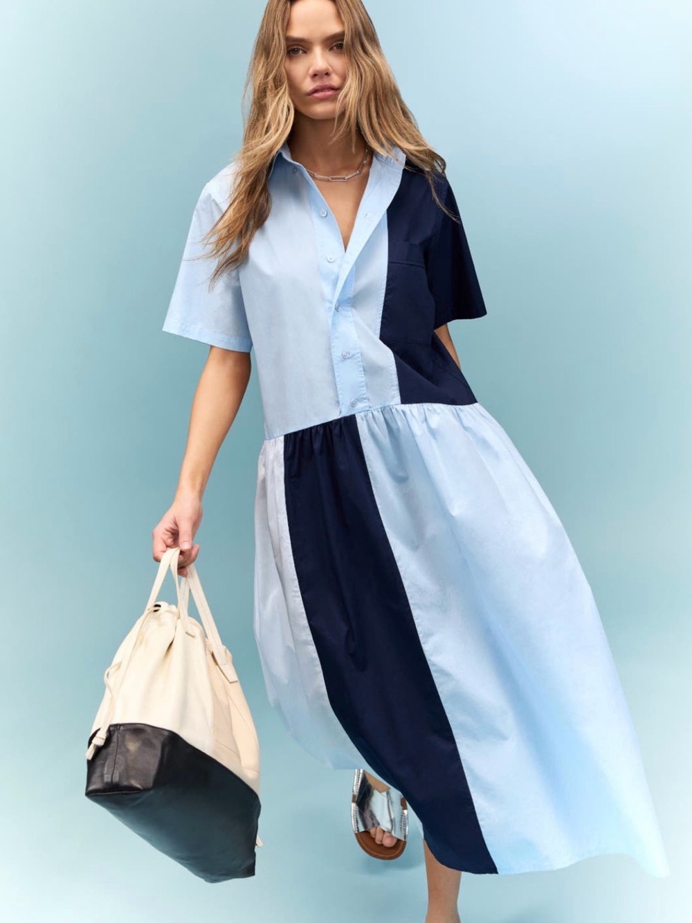 Two-Tone Midi Shirt Dress in Light Blue and Navy